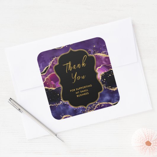 Dark Lila Gold Sequins Agate Business Vielen Dank Quadratischer Aufkleber (Umschlag)