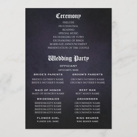 Dark Lila Gothic Floral Bouquet & Raven Wedding Programm (Rückseite)
