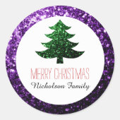 Dark Lila Green Weihnachtsbaum Glitzern Geschenkma Runder Aufkleber (Vorderseite)