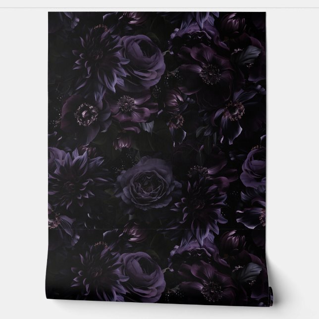 Dark Lila Moody Gothic Peonies Florals Night Tapete (Abrollen)