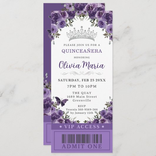 Dark Lila Plum Floral Quinceñera VIP Ticket Einladung (Vorne/Hinten)