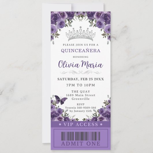 Dark Lila Plum Floral Quinceñera VIP Ticket Einladung (Vorderseite)