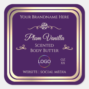 Dark Lila Product Label Gold Frame mit Logo Quadratischer Aufkleber