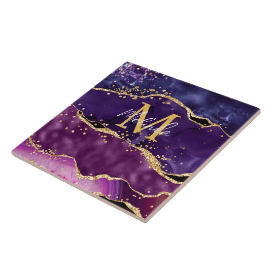 Dark Lila und Gold Glitzer Sequins Agate Fliese (Seite)