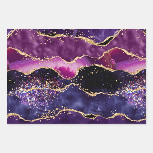 Dark Lila und Gold Glitzer Sequins Agate Geschenkpapier Set (Vorderseite 3)