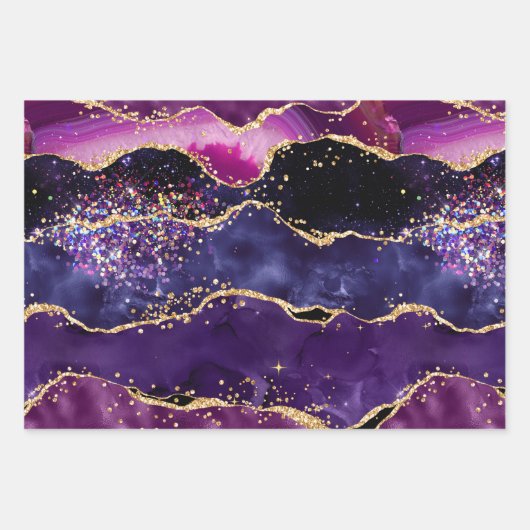 Dark Lila und Gold Glitzer Sequins Agate Geschenkpapier Set (Vorderseite)