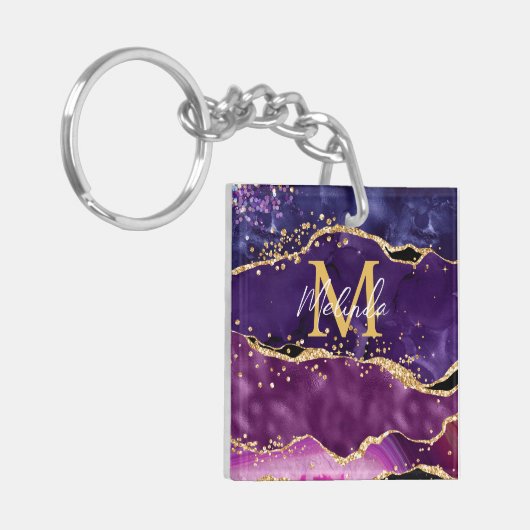 Dark Lila und Gold Glitzer Sequins Agate Schlüsselanhänger (Vorderseite links)