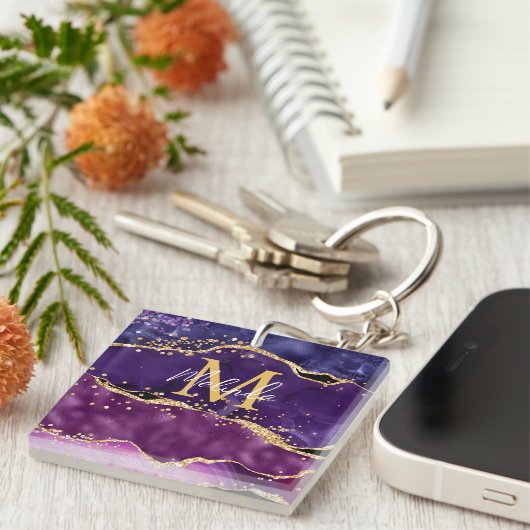 Dark Lila und Gold Glitzer Sequins Agate Schlüsselanhänger (Vorderseite rechts)