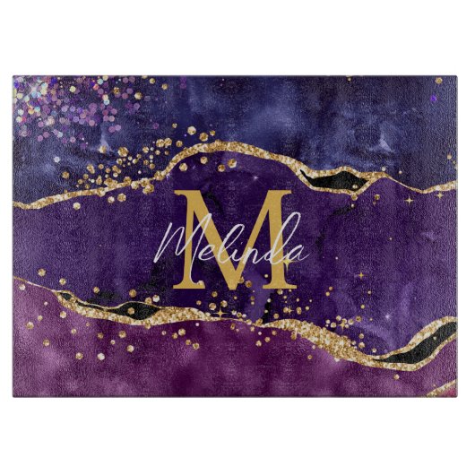 Dark Lila und Gold Glitzer Sequins Agate Schneidebrett (Vorderseite)