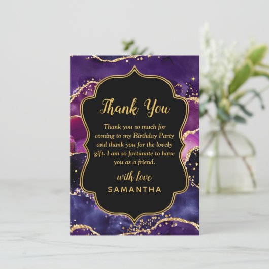 Dark Lila und Gold Sequins Agate Birthday Dankeskarte (Stehend Vorderseite)
