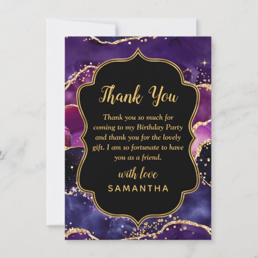 Dark Lila und Gold Sequins Agate Birthday Dankeskarte (Vorderseite)