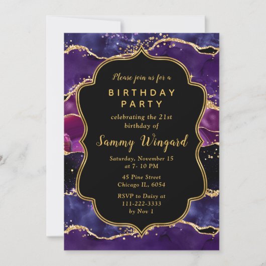 Dark Lila und Gold Sequins Agate Birthday Einladung (Vorderseite)