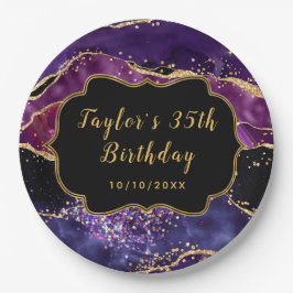 Dark Lila und Gold Sequins Agate Birthday Pappteller
