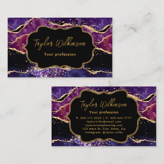 Dark Lila und Gold Sequins Agate Visitenkarte (Vorne/Hinten)