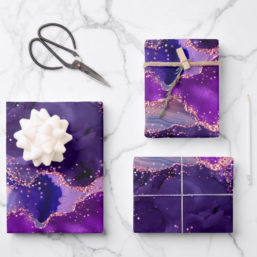 Dark Lila und Pink Glitzer Sequins Agate Geschenkpapier Set (Vorderseite)