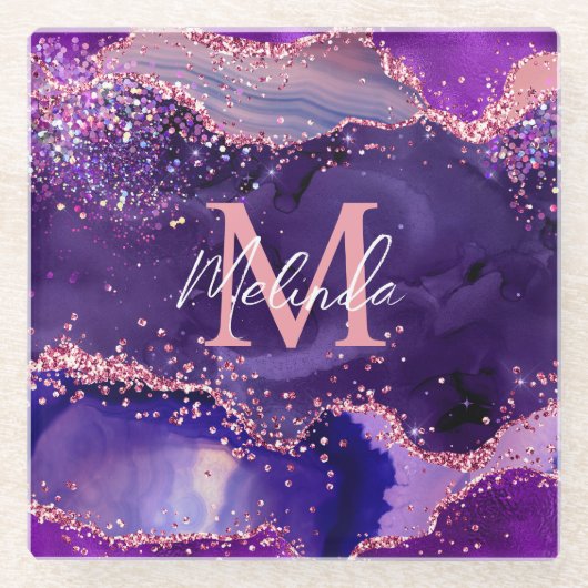 Dark Lila und Pink Glitzer Sequins Agate Glasuntersetzer (Vorderseite)