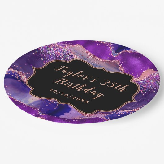 Dark Lila und Pink Sequins Agate Birthday Pappteller (Schrägansicht)