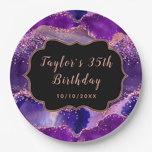 Dark Lila und Pink Sequins Agate Birthday Pappteller (Vorderseite)