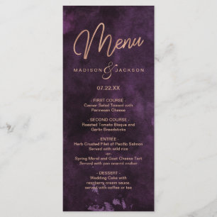 Dark Lila Watercolor & Rose Gold Wedding Menu Menükarte