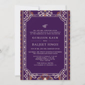 Dark Lila Yellow Ikat Anand Karaj Sikh Wedding Einladung (Vorderseite)