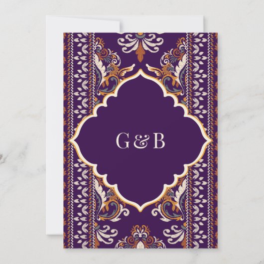 Dark Lila Yellow Ikat Anand Karaj Sikh Wedding Einladung (Rückseite)