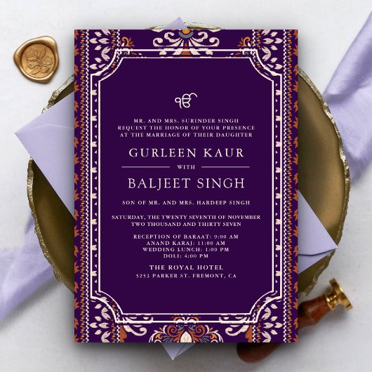Dark Lila Yellow Ikat Anand Karaj Sikh Wedding Einladung