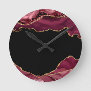 Dark Marble Agate Wine Red Golden Glitzer Akzente Runde Wanduhr