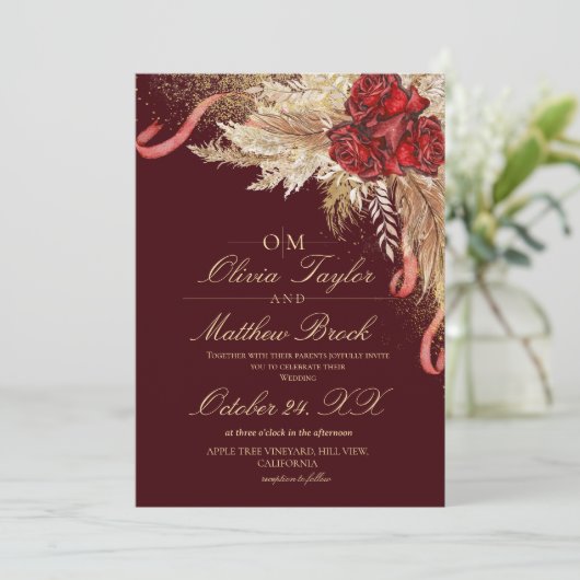 Dark Maroon Floral Boho Watercolor Wedding Einladung (Stehend Vorderseite)