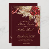 Dark Maroon Floral Boho Watercolor Wedding Einladung (Vorne/Hinten)