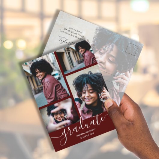 Dark Maroon Foto Graduation Party Einladung Postkarte