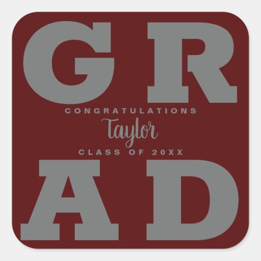 Dark Maroon Gray Bold Graduation Party Quadratischer Aufkleber (Vorderseite)