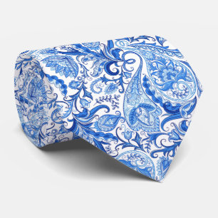 Dark Medium Blue White Floral Paisley Art Muster Krawatte