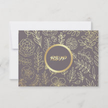 Dark Mocha | Gold Floral Muster Wedding RSVP Card