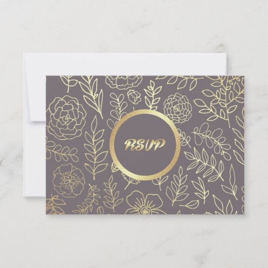 Dark Mocha | Gold Floral Muster Wedding RSVP Card Karte (Vorderseite)
