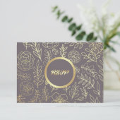 Dark Mocha | Gold Floral Muster Wedding RSVP Card Karte (Stehend Vorderseite)