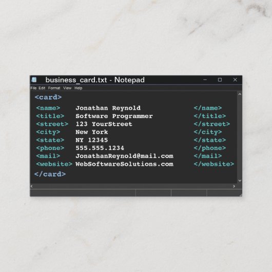 Dark Mode Notepad Coder Format Computer-Programmie Visitenkarte (Vorderseite)