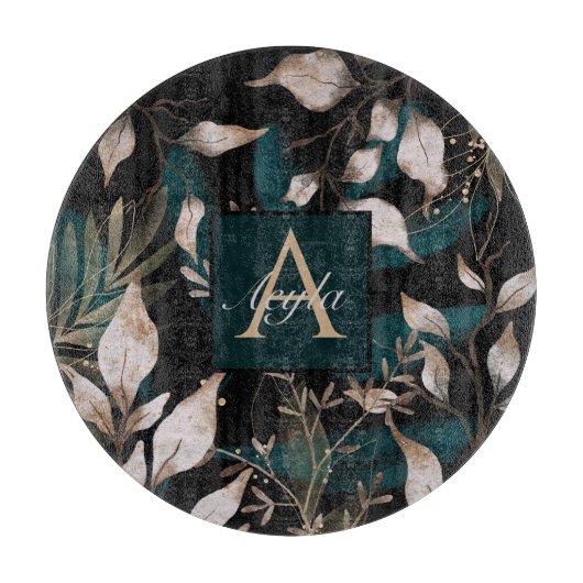 Dark Modern Boho Botanical Blätter Monogram Schneidebrett (Vorderseite)