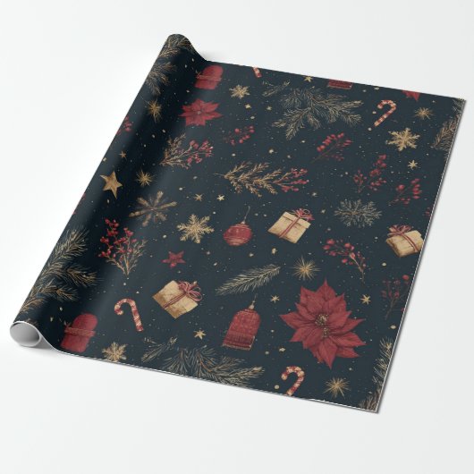 Dark Modern Elegant Holiday Patterns Pine Berry Geschenkpapier (Ungerollt)