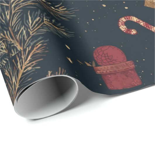 Dark Modern Elegant Holiday Patterns Pine Berry Geschenkpapier (Rolleneckpunkt)