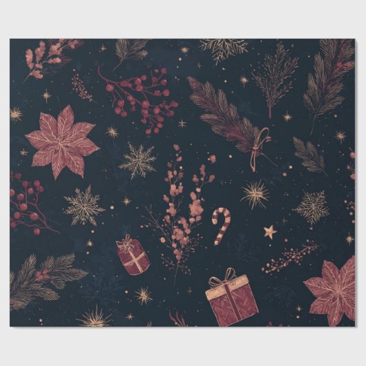 Dark Modern Elegant Holiday Patterns Pine Berry Geschenkpapier (Flach)