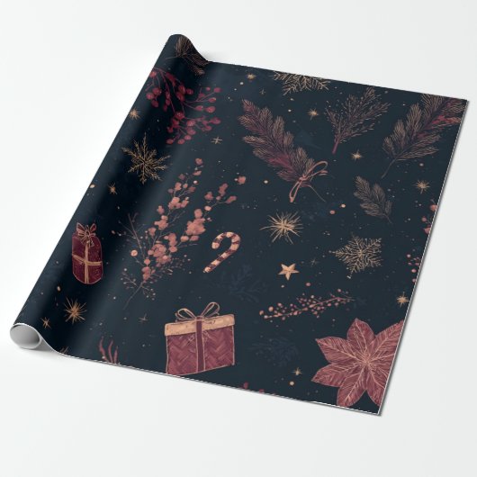 Dark Modern Elegant Holiday Patterns Pine Berry Geschenkpapier (Ungerollt)