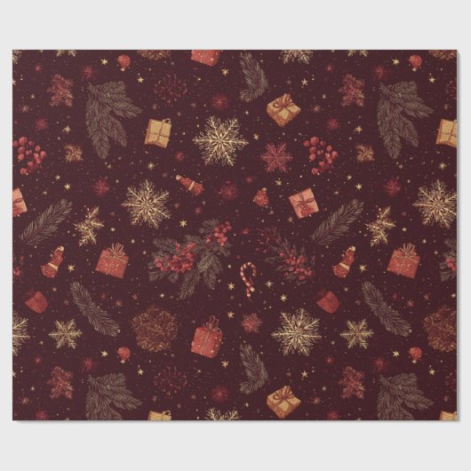 Dark Modern Elegant Holiday Patterns Pine Berry Geschenkpapier (Flach)