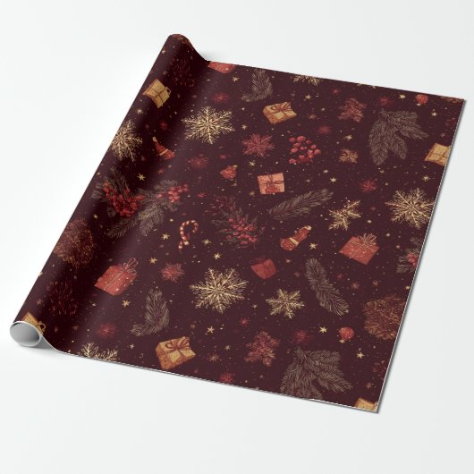Dark Modern Elegant Holiday Patterns Pine Berry Geschenkpapier (Ungerollt)