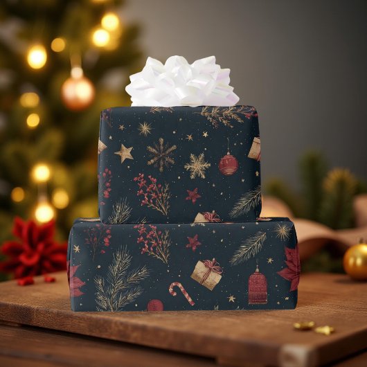 Dark Modern Elegant Holiday Patterns Pine Berry Geschenkpapier