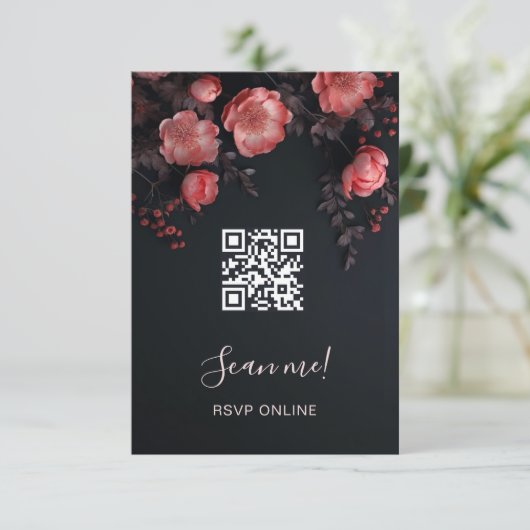 Dark Moody 3D Roses Wedding | Scan Me  RSVP Karte (Stehend Vorderseite)