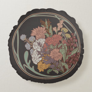 Dark & Moody Art Nouveau Floral Bouquet Rundes Kissen