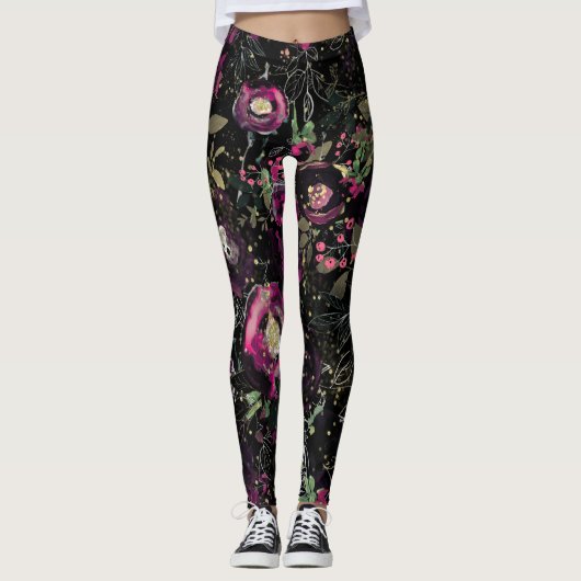 Dark Moody Berry Plum Sparkle Floral Modern Leggings (Vorderseite)