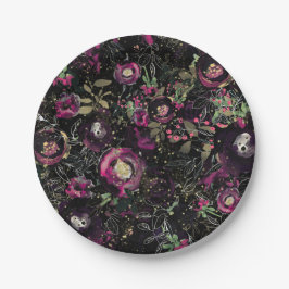 Dark Moody Berry Plum Sparkle Floral Modern Pappteller