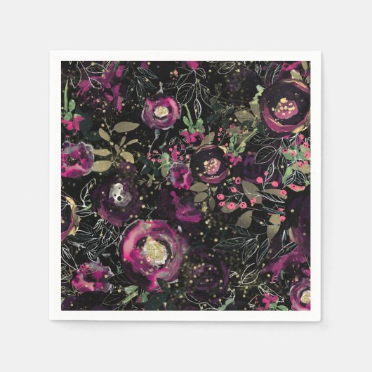Dark Moody Berry Plum Sparkle Floral Modern Serviette (Vorderseite)