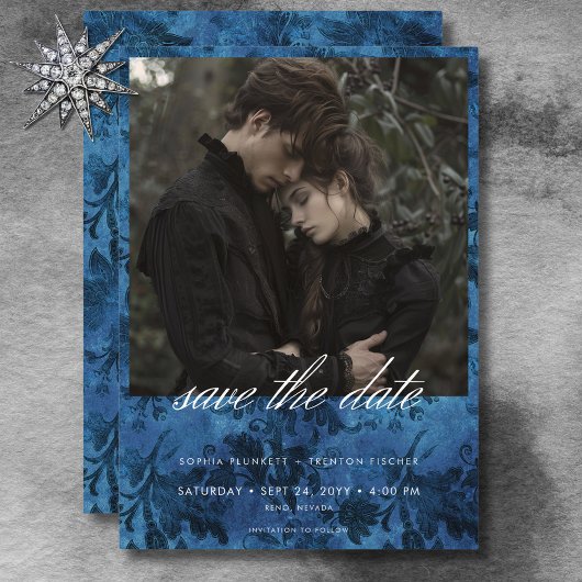 Dark Moody Black & Blue Damask Foto Hochzeit Save The Date